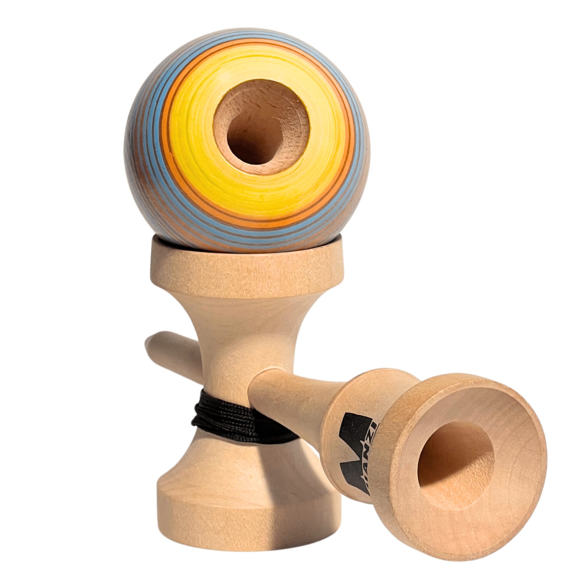 Kendama de Madera Pintado a Mano – Naranja, Azul y Amarillo – vista 2